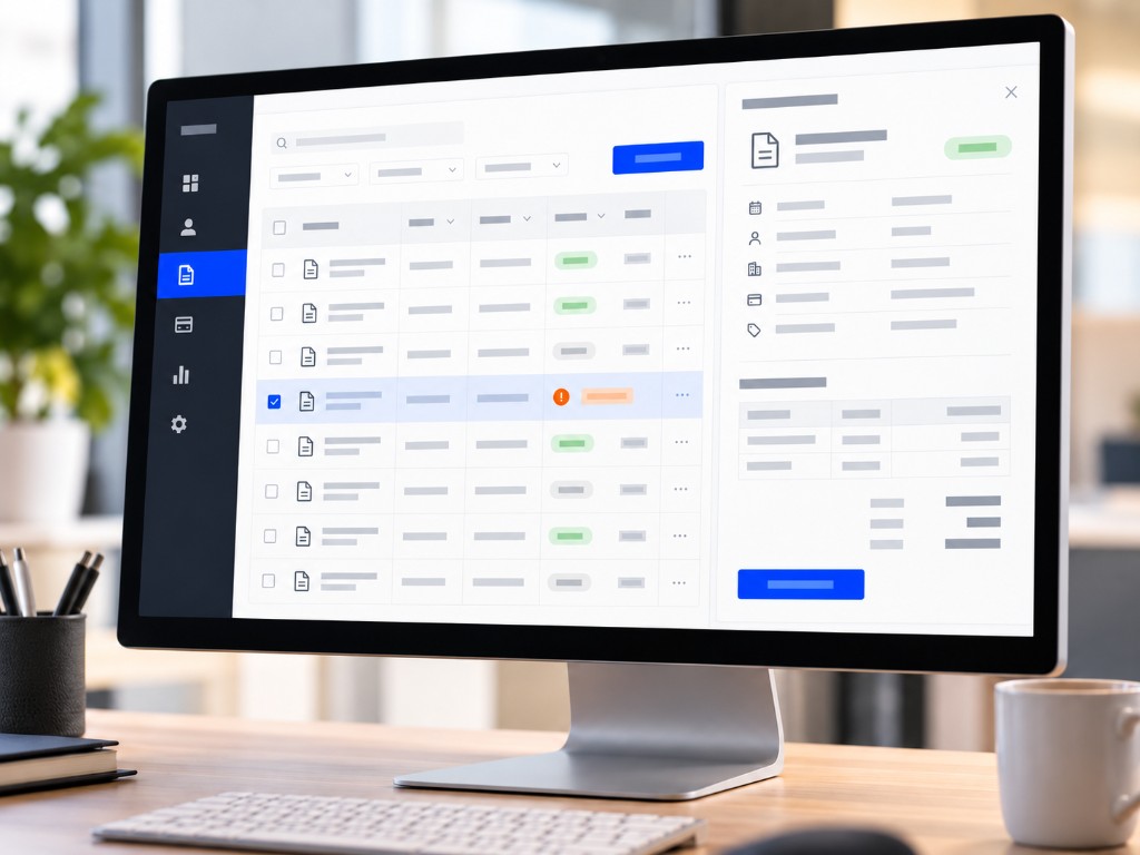 Monitor showing internal Billing Center — adjustment list with detail panel and status indicators