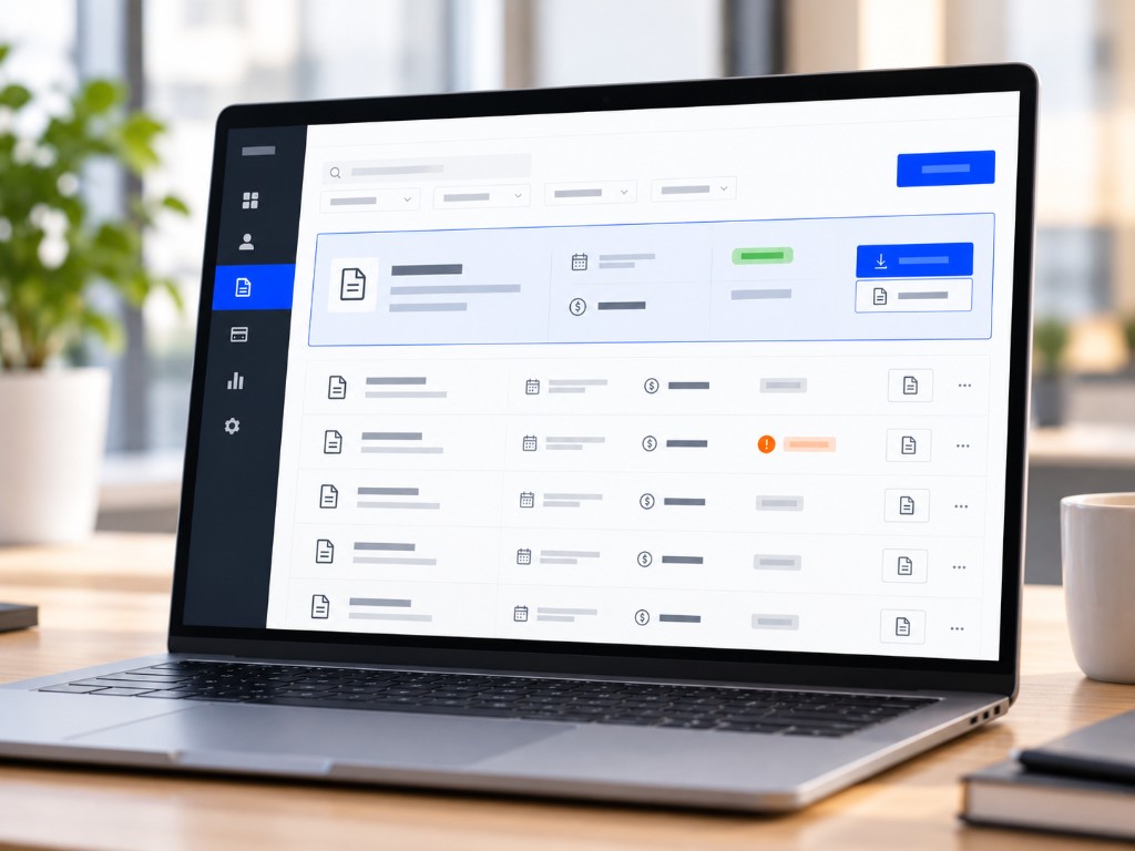 Laptop showing client billing portal — invoice list with highlighted row and download actions