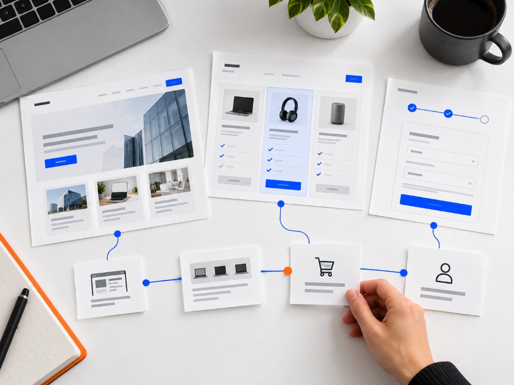 Desk layout of unified buying framework wireframes — connected screens and journey steps across channels