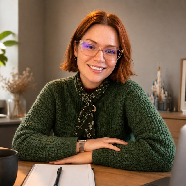Renata Benito, Product Design Strategist, smiling at her desk in a green sweater with notebook and mug